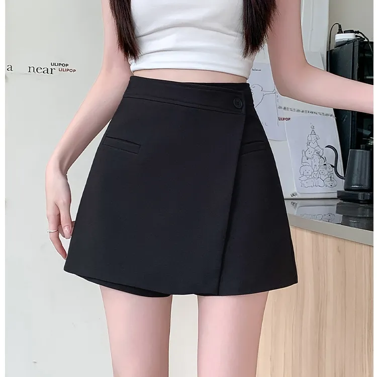 黑色裙裤高腰不规则前裙后裤假口袋韩版辣妹性感防走光阔腿短裤子
