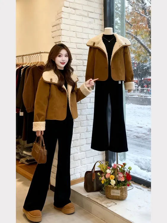 冬季一整套穿搭慵懒高级感复古皮毛一体双面小香风短外套长裤套装