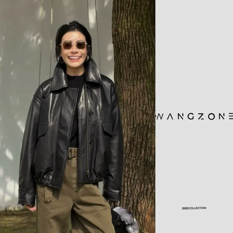 WANG ZONE｜【摩登曼哈顿】95鹅绒进口绵羊皮黑色廓形机车羽绒皮夹克