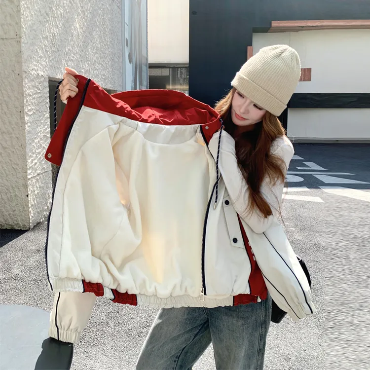 工装风短款派克服女2025冬季新款小众设计感撞色加绒韩版棉服外套