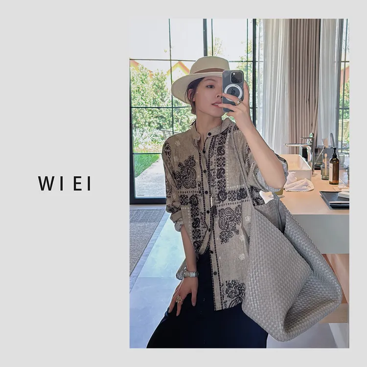 《WI EI》琥珀*纯亚麻 木纹 腰果花 度假风 宽松 防晒衬衫 23413