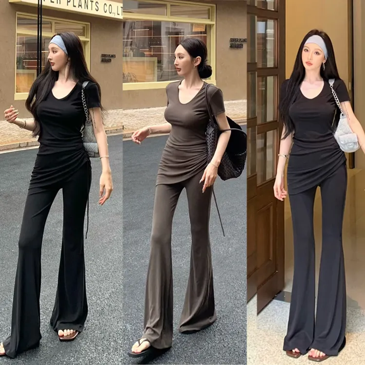 时尚套装女修身辣妹v领短袖T恤夏季显身材绑带微喇叭休闲裤两件