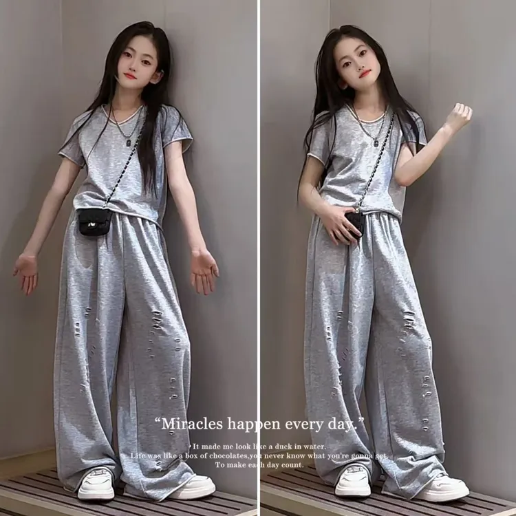 女童2025年夏季新款洋气甜酷气质灰色上衣休闲破洞阔腿裤两件套潮