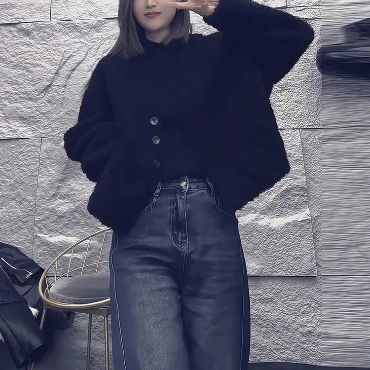 网红爆款冬季黑色短款毛毛设计感宽松小众简约慵懒松弛感短款外套