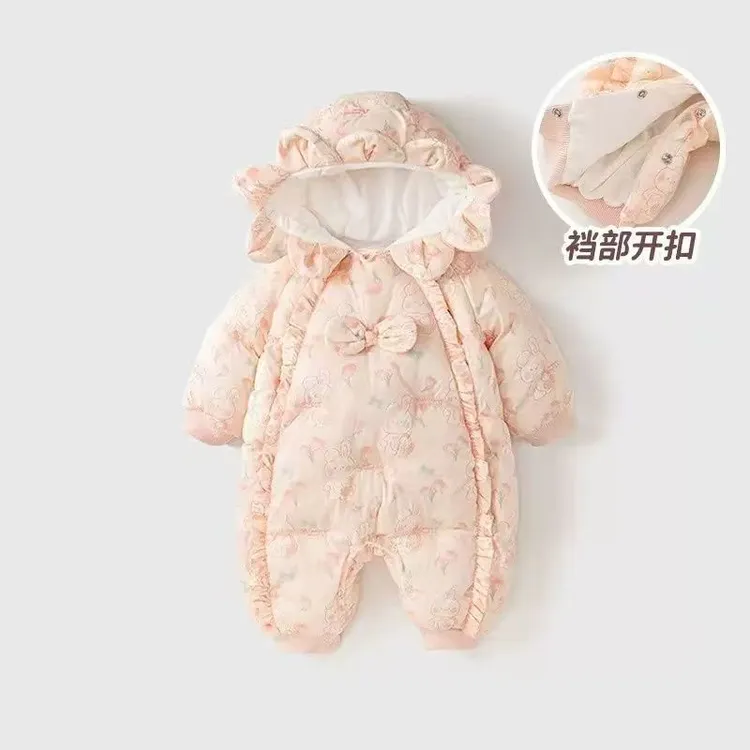 婴儿冬装加棉加厚连体衣女宝宝超萌公主百天保暖棉衣外出爬服哈衣