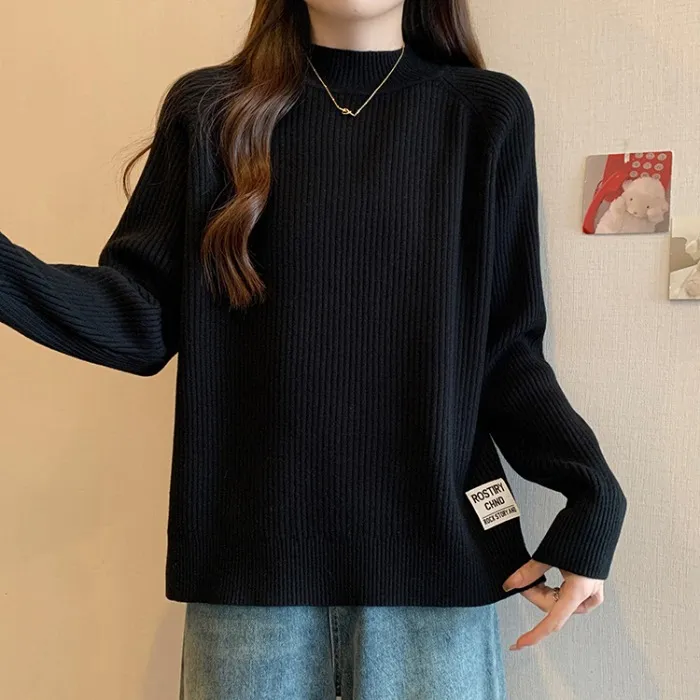 大码遮肚子半高领加厚打底毛衣女秋冬胖MM宽松显瘦百搭针织衫上衣