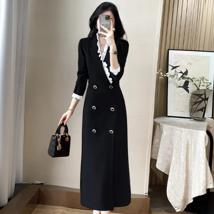 A2025秋季新款收腰显瘦高级感通勤V领长袖黑色西装连衣裙D0205