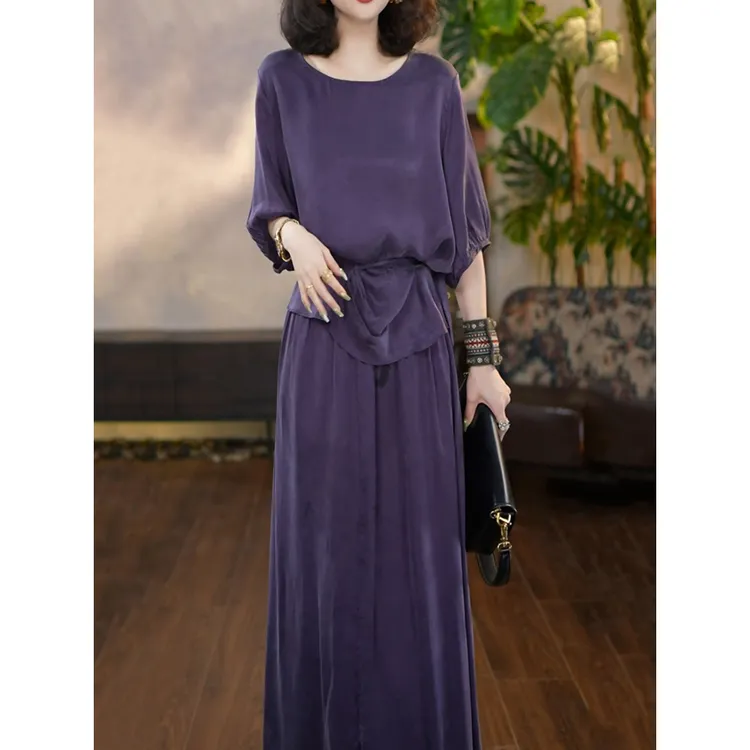 时尚洋气纯色裙套装女2025夏季新款圆领百搭轻奢衬衫+显瘦半身裙