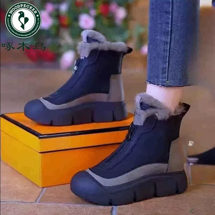 啄木鸟加绒保暖棉靴2025冬季厚底加厚妈妈高帮雪地靴轻便软底短靴