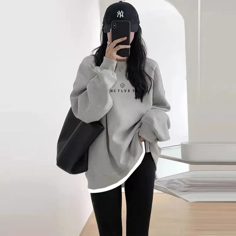 假两件圆领卫衣女2025秋冬新款宽松中长款遮屁股加绒加厚拼接上衣