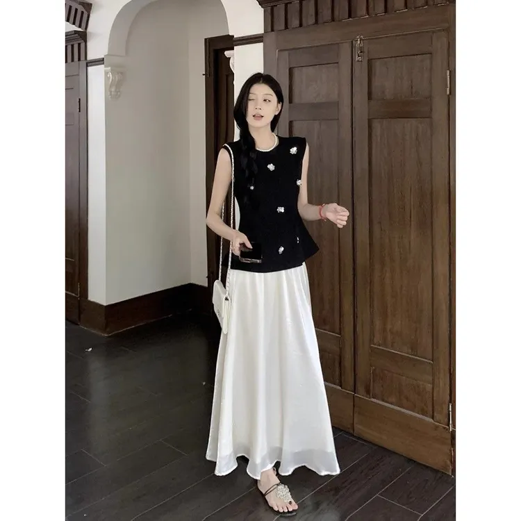 设计感手工珠花无袖背心上衣高腰半身裙2025夏季新款时尚两件套女