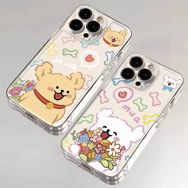 捧花小狗情侣适用iPhone15promax苹果16透明手机壳14可爱13小众xs