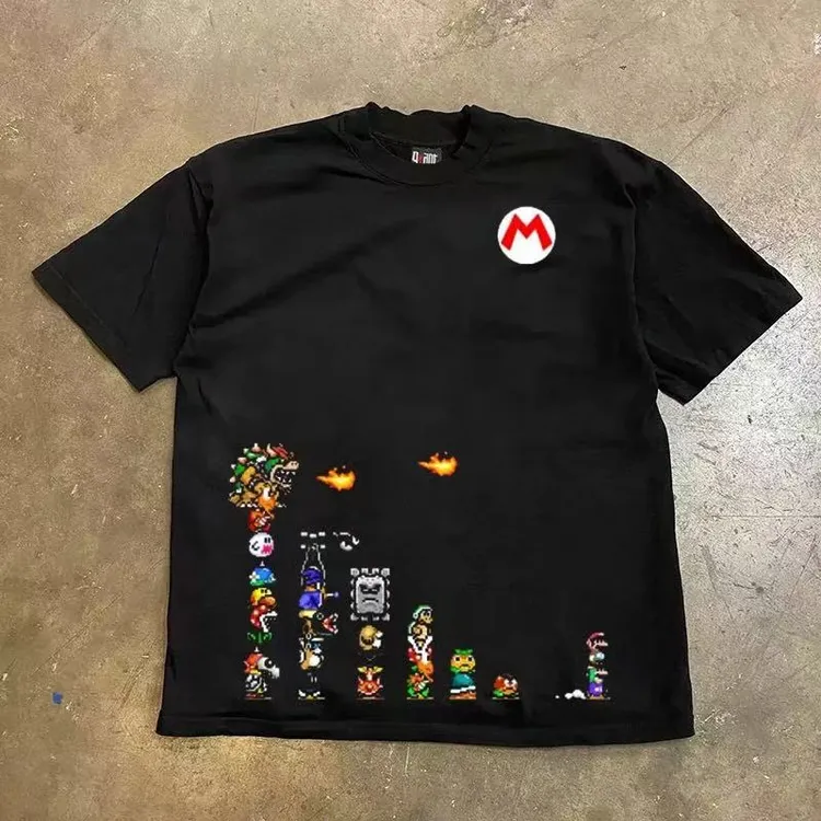 JSC POP 马里奥M字100%纯棉字母短袖T恤男设计感情侣潮牌宽松上衣