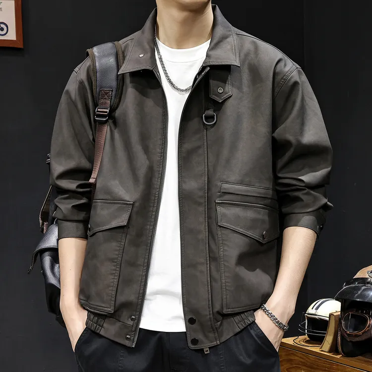秋冬新款潮牌哑光复古立领PU皮衣男士2025款大码工装机车夹克外套