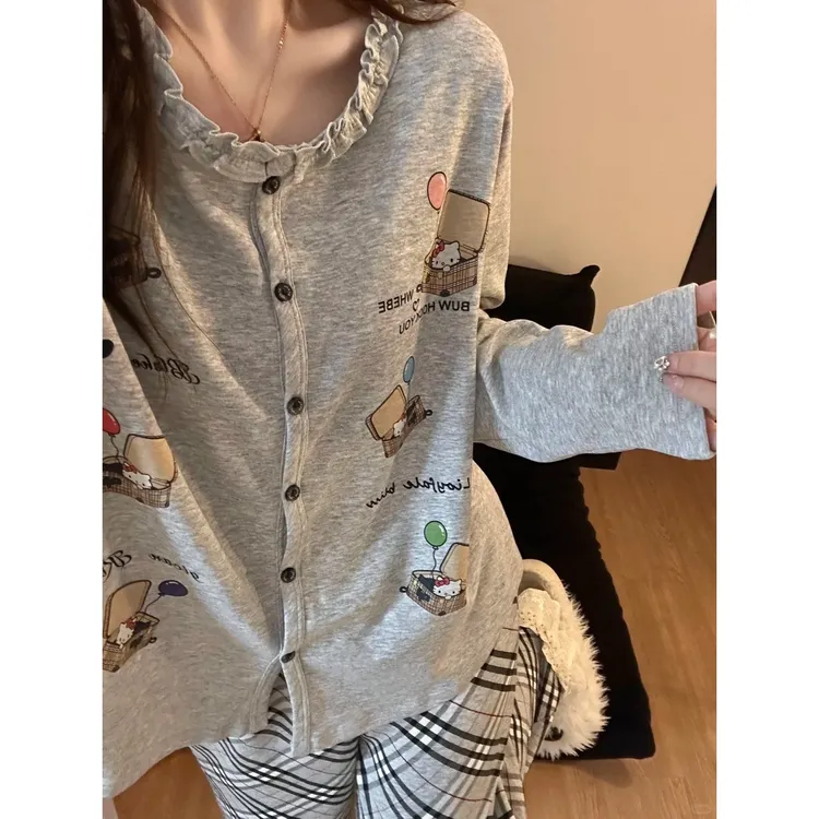 少女粉嫩减龄凯蒂猫小屋卡通印花睡衣女高级灰宽松柔软舒适家居服
