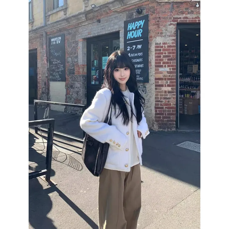 白色粗花呢小香风外套女短款2025春季新款小个子休闲百搭气质上衣