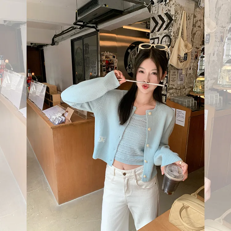 曾小咸韩版浅蓝色短款开衫上衣2025春季百搭针织衫Z251MH0311-1