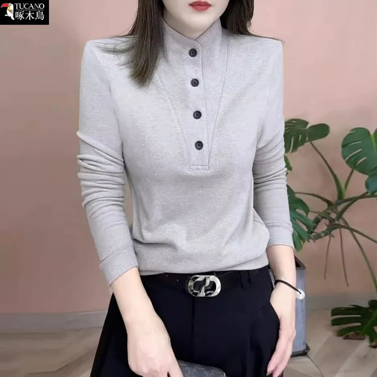 啄木鸟正品冬季长袖澳绒保暖半高领T恤女新款修身显瘦百搭上衣ins