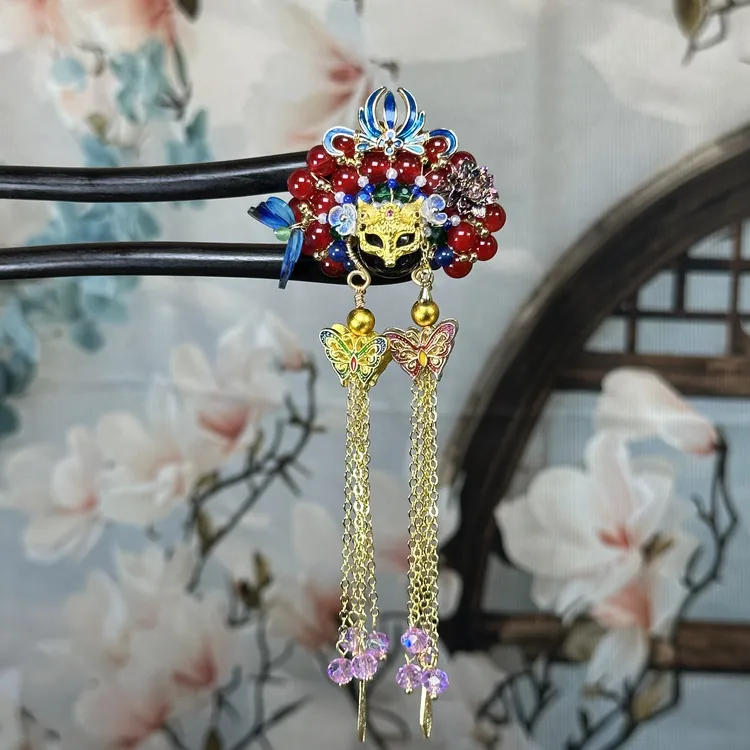 F142原创《凤九》天然刀马旦纯手工檀木发簪15公分双簪