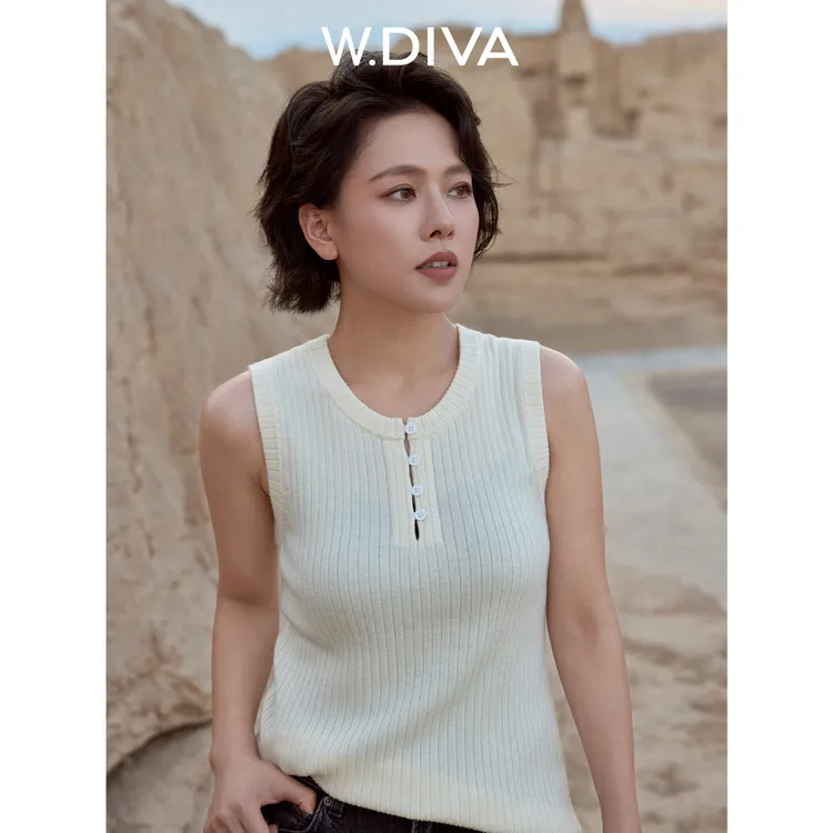 W.Diva【三色通勤】亨利领巴素兰绵羊毛无袖背心慵懒风53Z122645