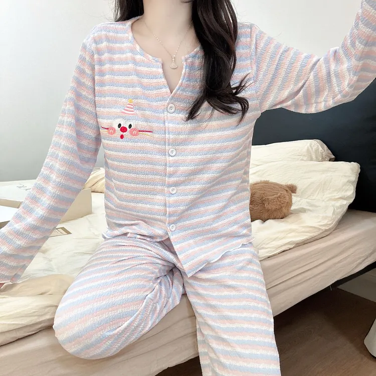 【带胸垫】V领长袖套装条纹韩系甜美慵懒秋季长袖套装睡衣家居服