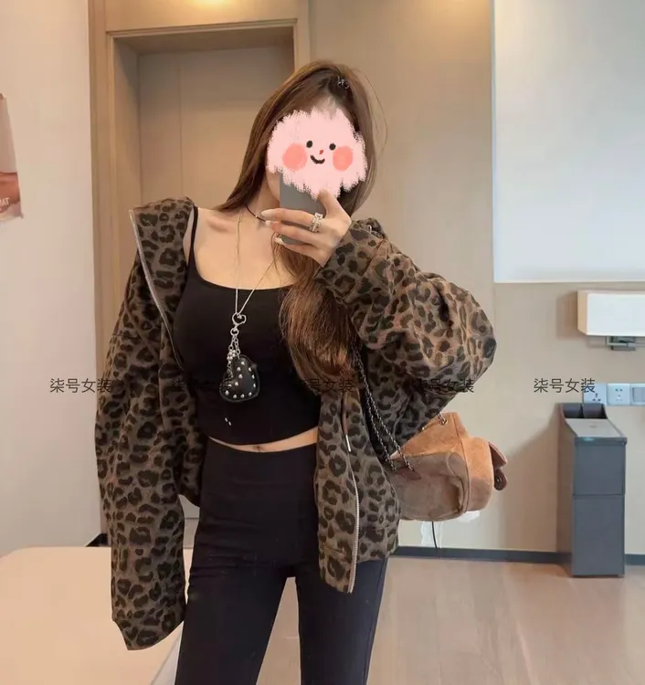 美式复古豹纹连帽长袖外套女2025早秋新款慵懒风百搭宽松显瘦上衣