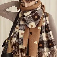 （蓓）格子双面爱心围巾女秋冬季百搭版围脖002