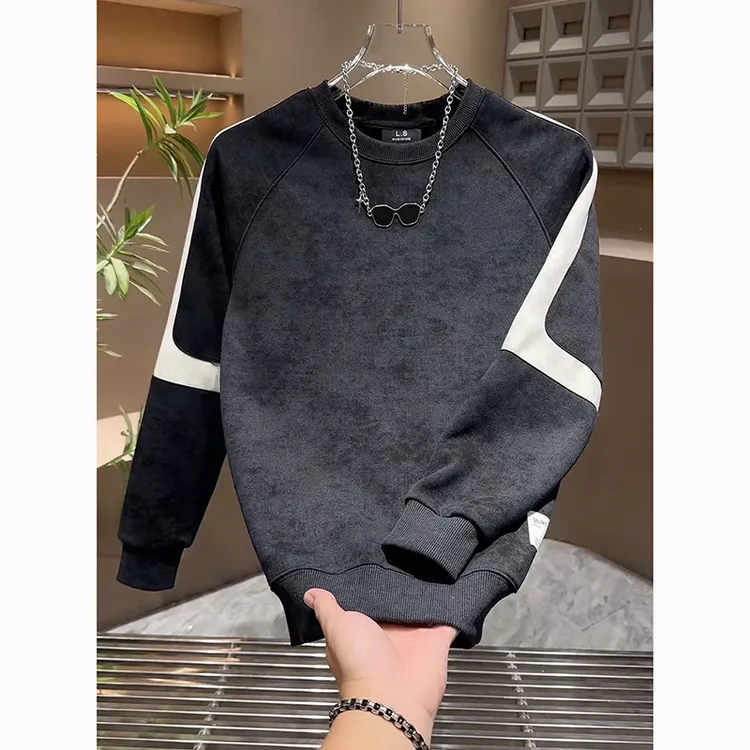 男士拼色卫衣2025秋冬季新款宽松长袖加绒休闲外穿上衣男款打底衫