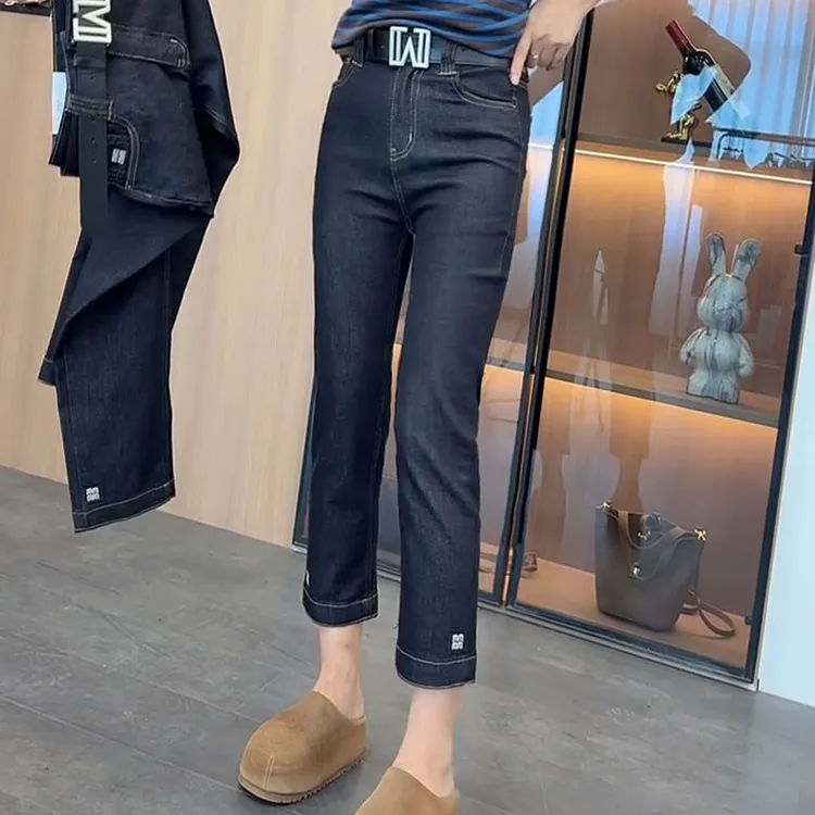 k99092秋季新款小个子直筒牛仔裤女刺绣高腰显瘦八分弹力烟管裤子