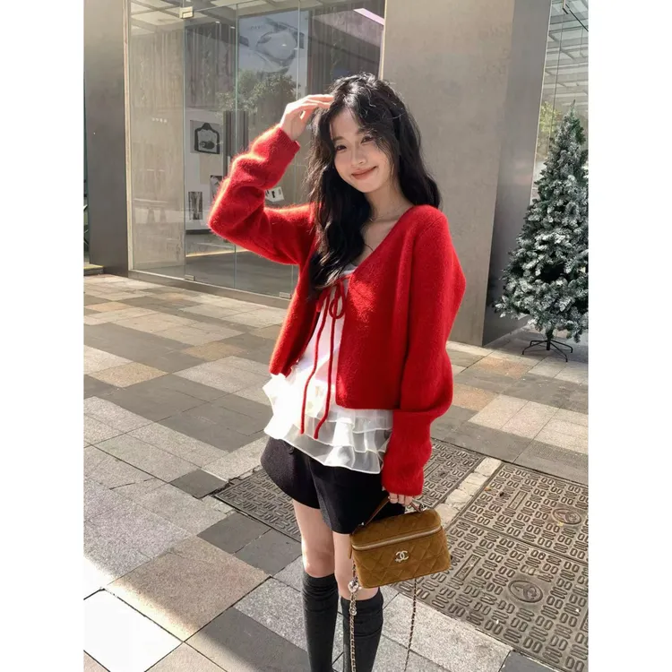 圣诞氛围感木耳边吊带网纱拼接+红色系绳针织开衫韩系两件套秋冬