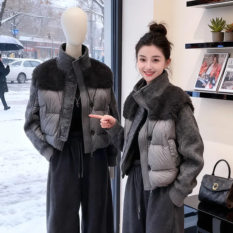 2025新款灰色立领拼接服女冬季保暖时尚百搭手塞衣外套