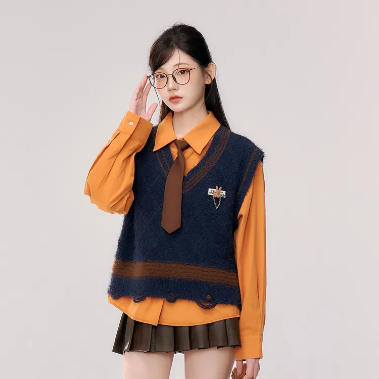 焦糖桔子 织物猪原创 美式复古学院风软糯毛衣针织背心衬衫短裙