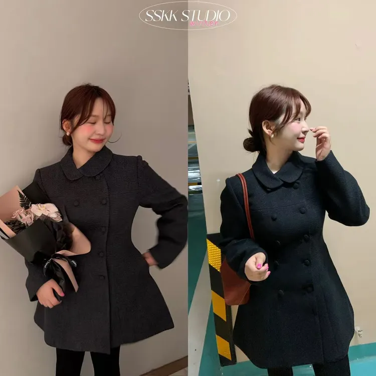 KMZY/KMZY山_山【韩剧既视感】微胖韩版毛呢翻领双排扣夹棉呢子外套