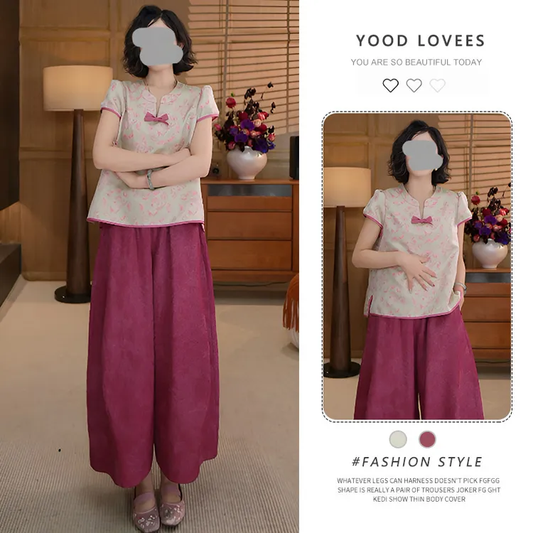 国风时尚套装女夏设计感盘扣立领短袖衬衫休闲阔腿裤新中式两件套