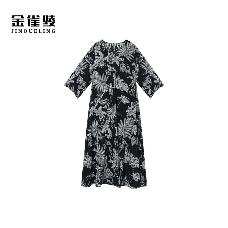 金雀绫【远山黛】桑蚕丝满印显瘦加宽加大女装连衣裙SZA1L167