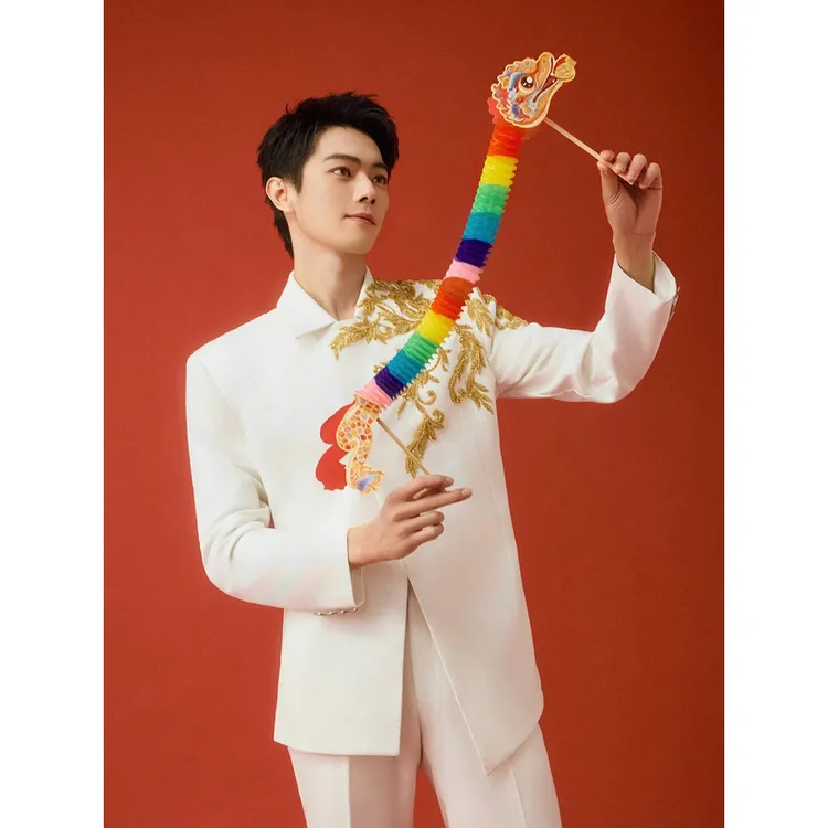 许凯同款翻领重工手工穿珠中山装男士改良国风西服外套订婚主持潮