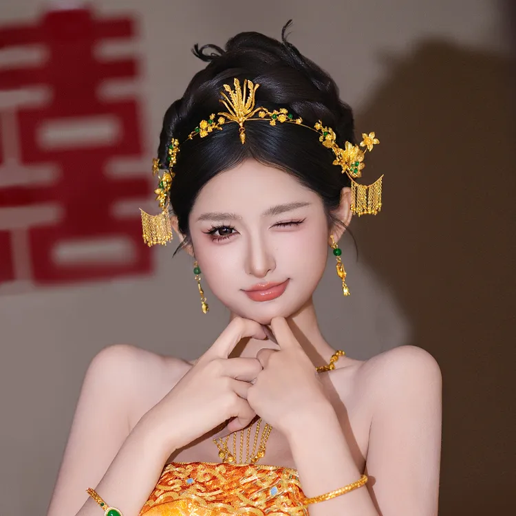 合金婚庆饰品 传统中式新娘金色凤凰秀禾服结婚古风头饰品MT0253