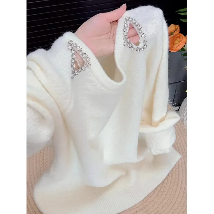 韩系长袖圆领时尚纯色白色上衣女2025早秋简约减龄显瘦超好看毛衣