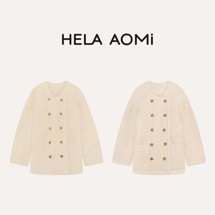 HELA AOMI “双面穿皮毛一体”羊毛革圆领双排金扣皮草CY5DC25111