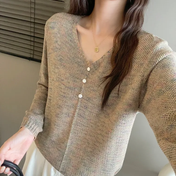 锦柬复古星空幻彩秋冬季v领针织衫毛衣女长袖女装宽松百搭休闲风