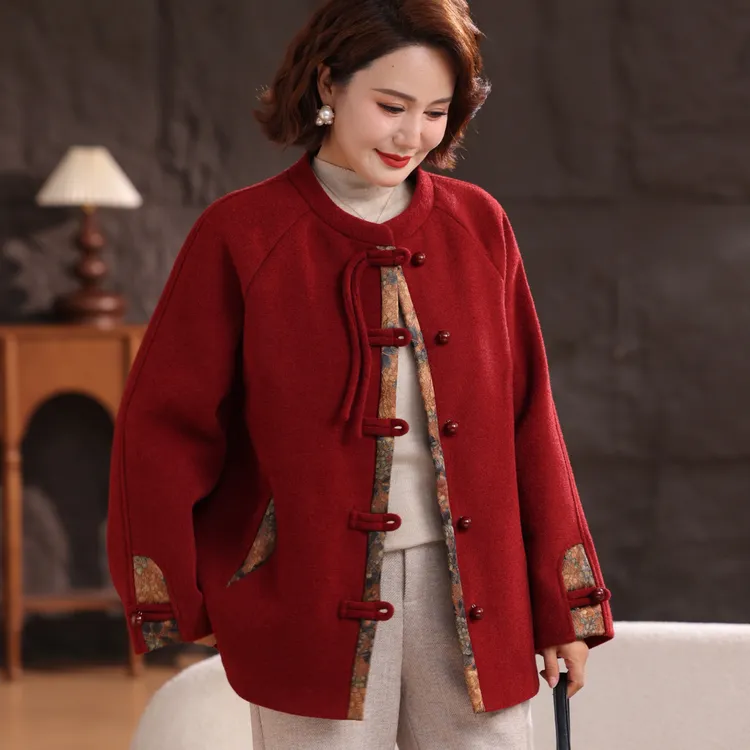 新中式立领加棉加厚毛呢中老年妈妈装秋冬季国风拼接外套上衣