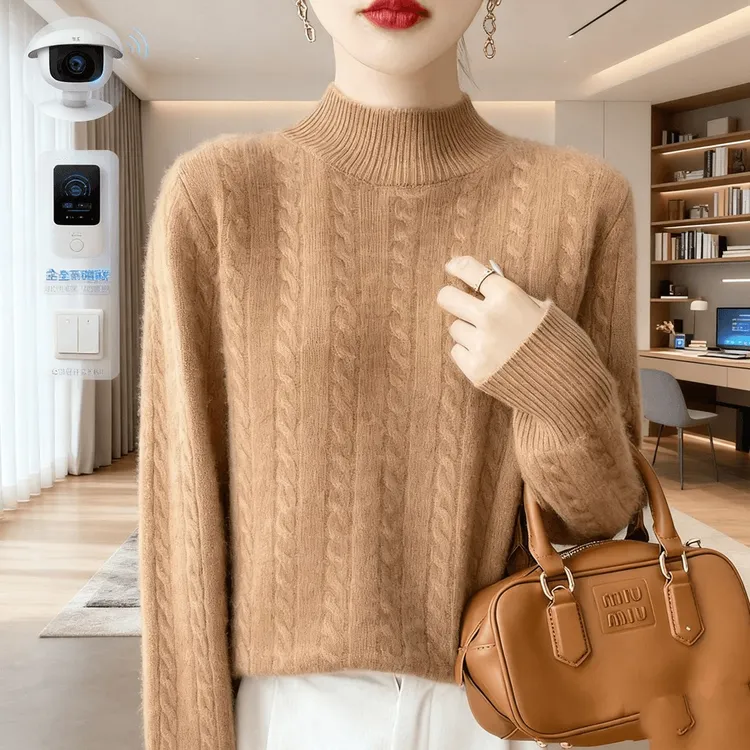 鄂尔多斯市半高领羊绒衫长袖加厚纯色绞花宽松内搭柔软羊毛衫打底