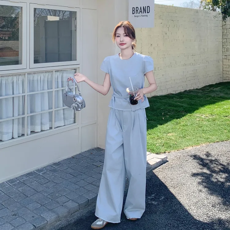 时尚套装现货：夏装新款系带腰包上衣＋阔腿裤两件套2C135-气质穿搭