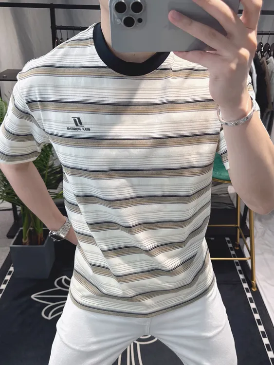 夏季2025新款欧洲站男士短袖t恤潮牌高级感美式休闲半袖条纹体恤