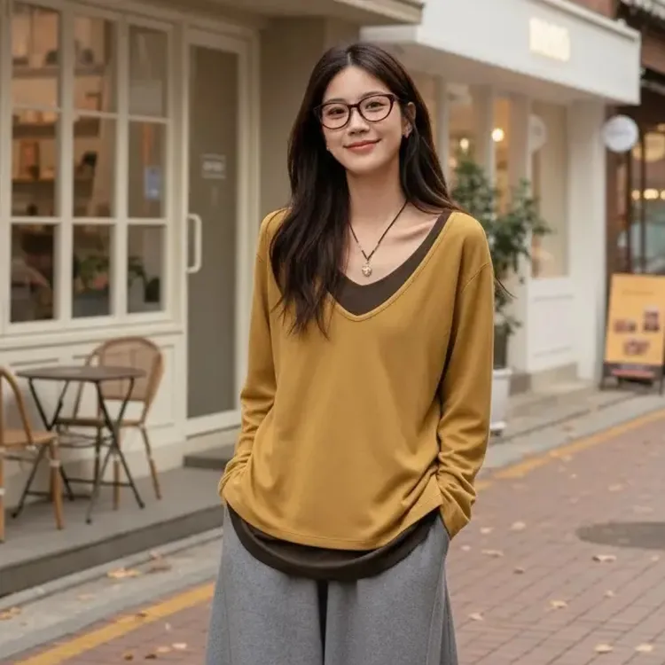 韩版宽松少女风长袖吸汗假两件T恤休闲百搭运动秋冬显瘦时尚撞色