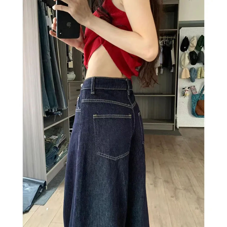 深蓝色复古牛仔裤子女秋季2025新款宽松休闲松弛感拖地直筒阔腿裤