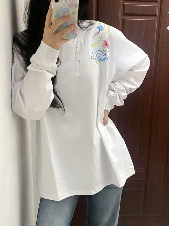 国潮美式树叶数字刺绣长袖T恤女男秋季新款时尚百搭上衣