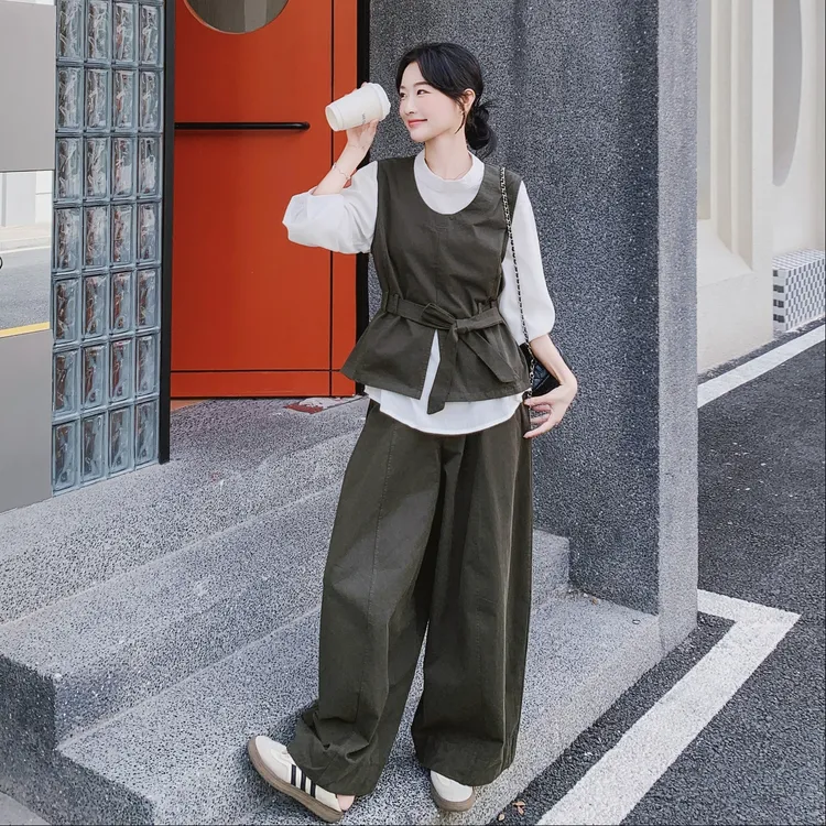 盐系韩版休闲减龄套装女2025秋季新款高级感马甲衬衫阔腿裤三件套