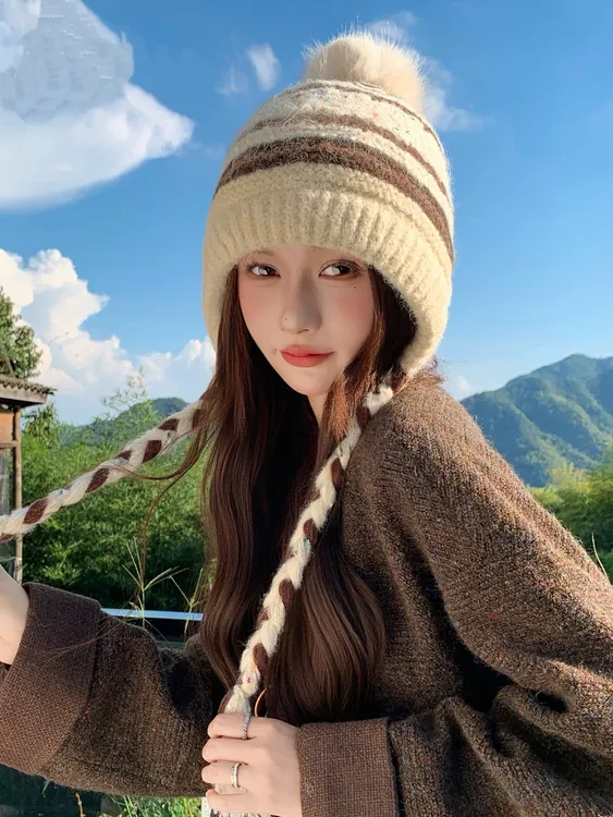 费尔岛风毛球针织帽女秋冬软糯加绒保暖护耳毛线帽东北防寒雷锋帽