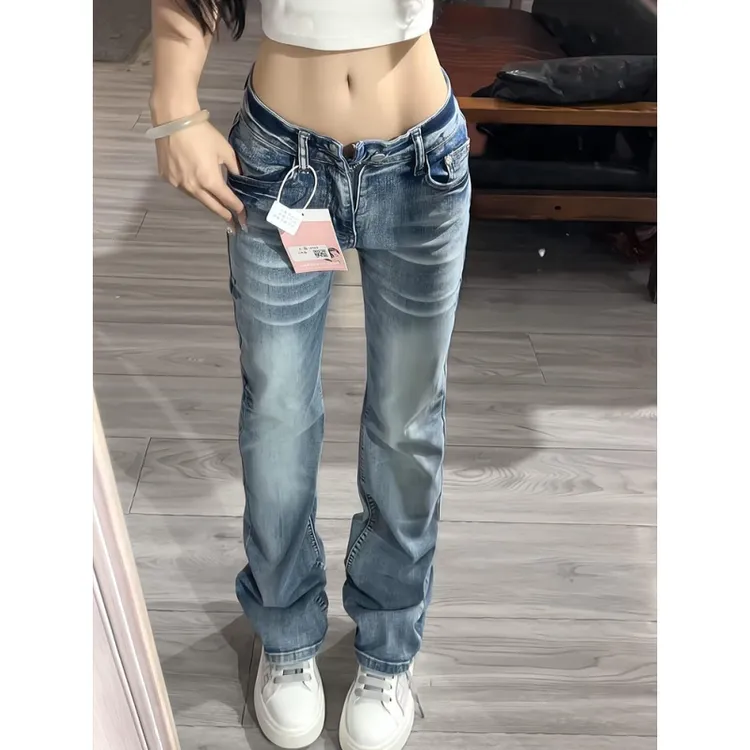 高个子加长美式辣妹窄版微喇牛仔裤女低腰弹力修身百搭显瘦直筒裤